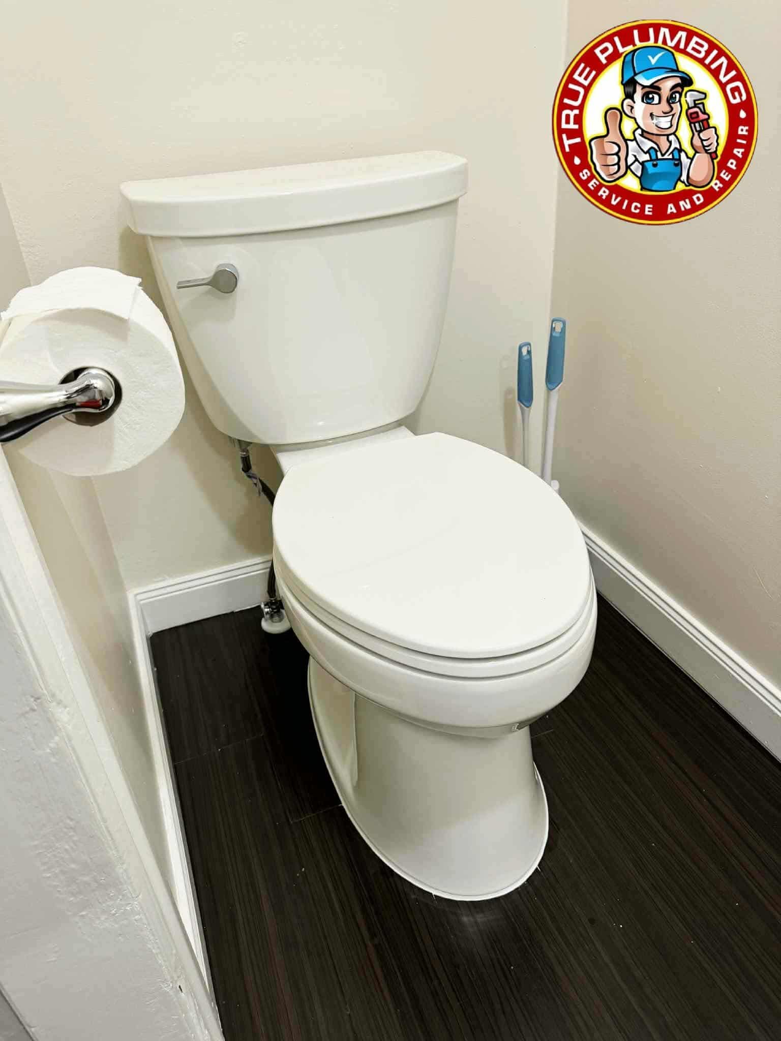 Plumber installing new toilet and completing bathroom toilet replacement with updated plumbing connections